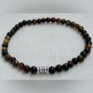 Men’s bracelet,3mm brown/yellow Tiger Eye gemstones,silver plated charm,elastic.